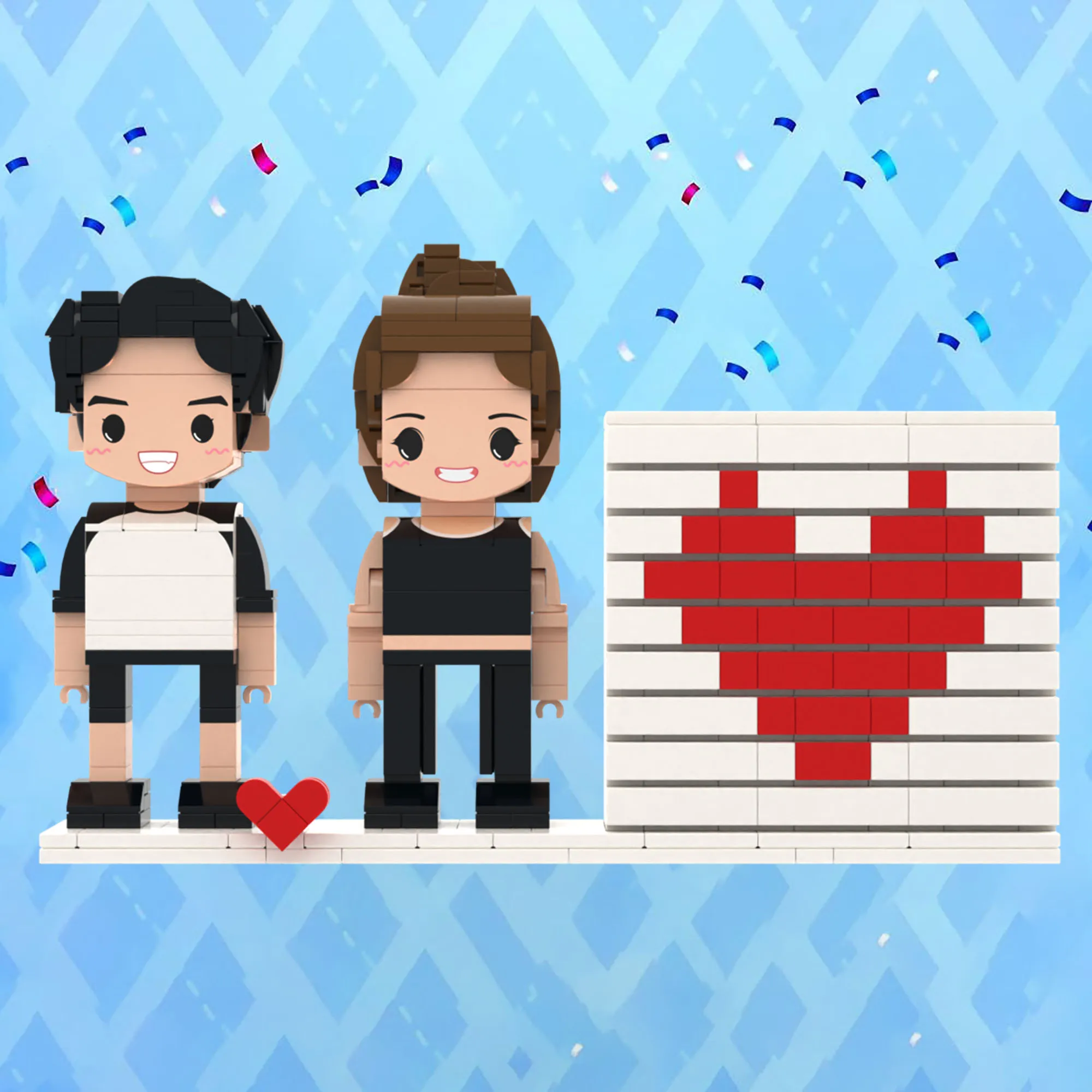 

Custom Casual Couple Brickfigures Set with Heart Mosaic Pen Holder Handmade Building Blocks ✏Anniversary Valentine’s Desk Gift