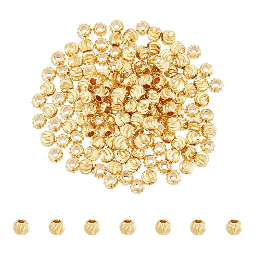 150Pcs Brass Spacer Beads Long-Lasting Plated Corrugated Round Real 18K Gold Plated 5x4mm Hole: 2mm