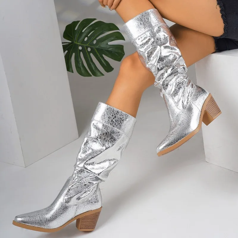 

Новые сапоги осень/зима 2025: женские зеленые рыцарские сапоги без колена на массивном высоком каблуке