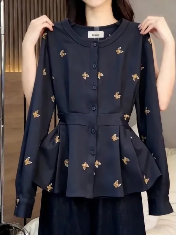 Elegant  Embroidery Long Sleeve Waist Cinching Shirt Women plus Size Slimming Fake Belt Design Spring Trend Top