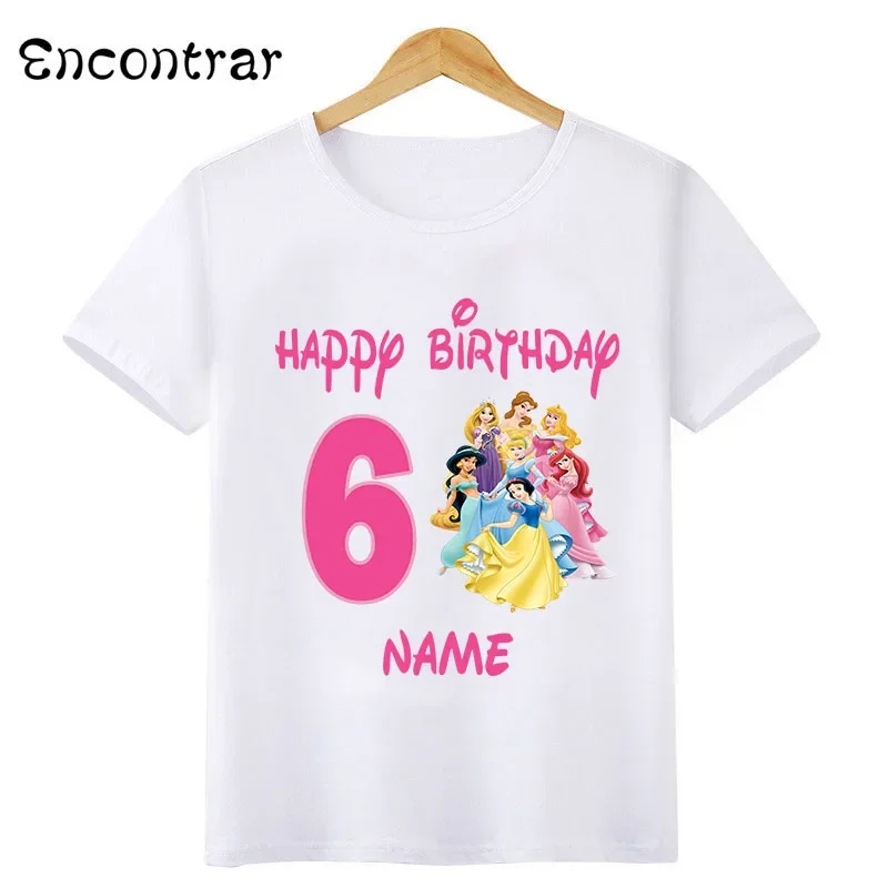 Disney Princess Belle Aurora Mermaid Print Happy Birthday Kids T shirt Girls Clothes 1 2 3 4 5 6 7 8 9 Years Baby Boys T-Shirts