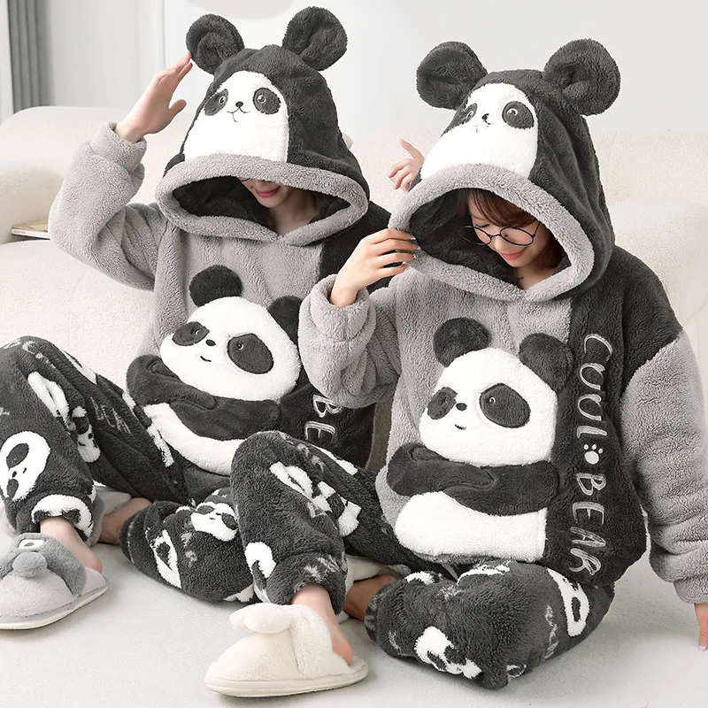 Conjuntos de pijamas gruesos de invierno para parejas, ropa de dormir para adultos, Panda de dibujos animados Kawaii, pijamas de Anime para hombres y mujeres, trajes con capucha coreanos, camisón