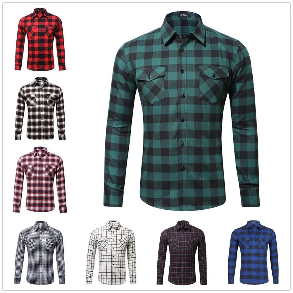 

Men's Plaid Fabric Double Bag Cover Shirt Non-Shrinking Long Sleeve British Style Inner Wear Casual Shirt for Summer Season