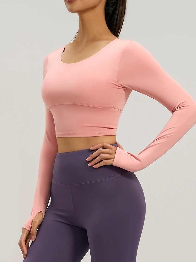 

Женский спортивный топ с вырезами, длинным рукавом, облегающий, с перекрестной спинкой, укороченный, для йоги и бодибилдинга, дышащий, простой дизайн