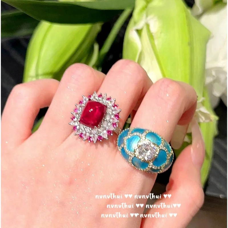 

Maria Blue Fish Tail Chrysanthemum Gemstone Ring Antique charm Plating18KGold Malachite Green Para Flower Zircon Earrings