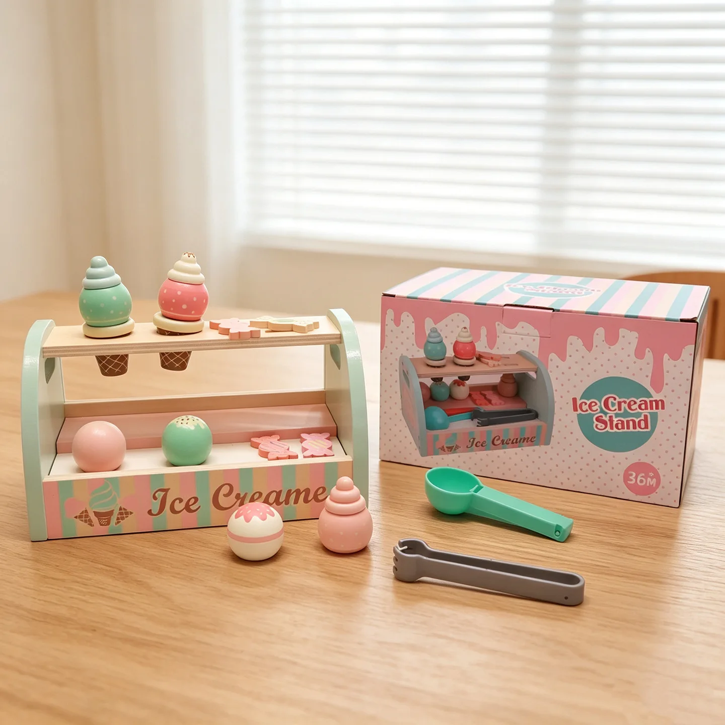 Wooden Kids Ice Cream Shop Play Food Set,Toddler Pretend Dessert Stall Playset with Tea Pot Cup,Montessori Role Play Sensory Toy