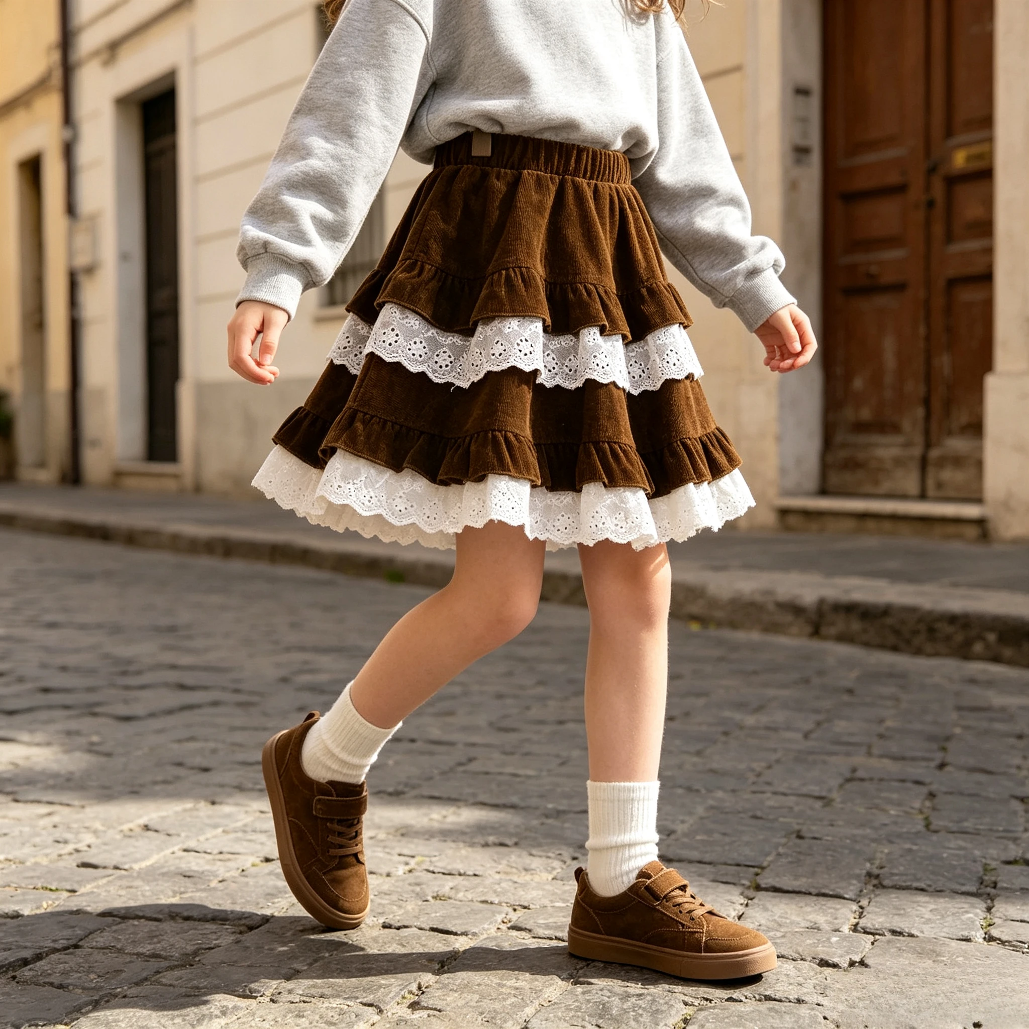 Girls Corduroy Skirt Tiered Ruffle Eyelet Lace Trim Smocked Waist Kids Mini Skirt Vintage Retro Casual Daily Party Wear Bottom