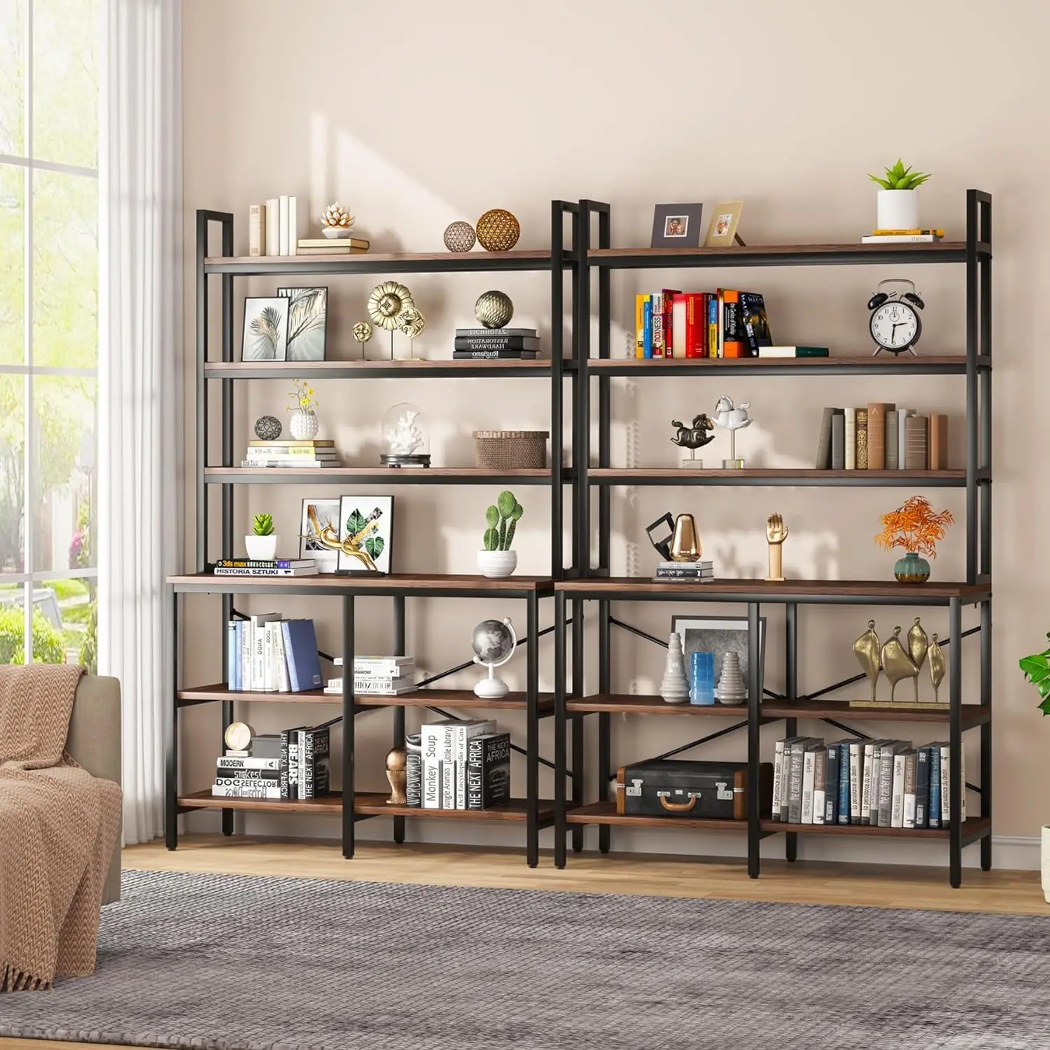 Tribesigns 6-Tier Bookshelf,Industrial Bookcase With Open Shelf,6 Shelf Storage Rack With X-Shaped Frame,Rustic Book Shelf For