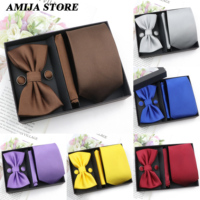 Luxury Men Ties Set With Box Red Blue Brown Ties Soild Color Threaded NeckTie Bowtie Pocket Square Cufflinks Set Men's Wedding P