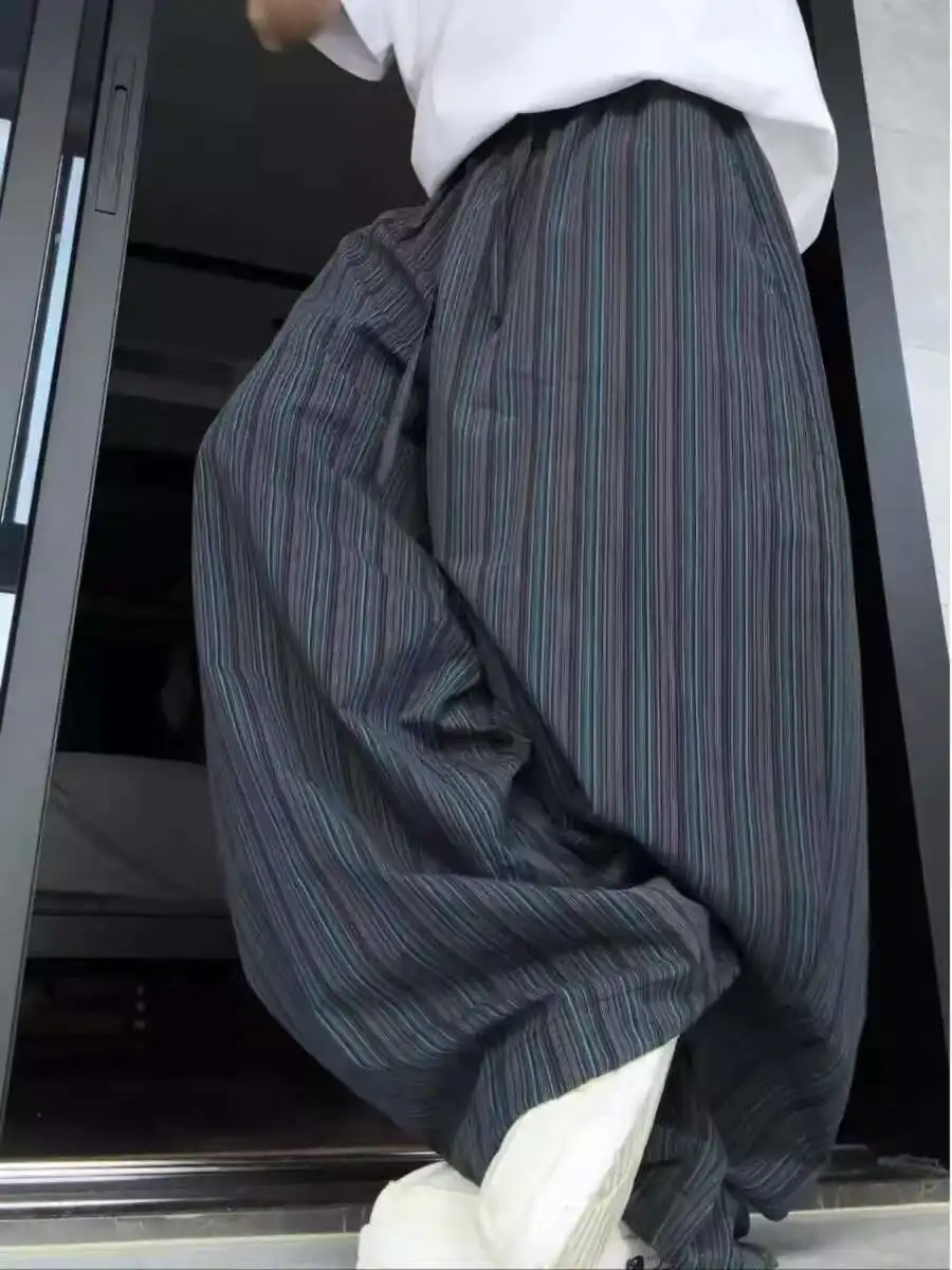 Man Women Striped Design Wide Leg Pants Floor Length Pants High Street Couple's Loose High Waist Casual Pants