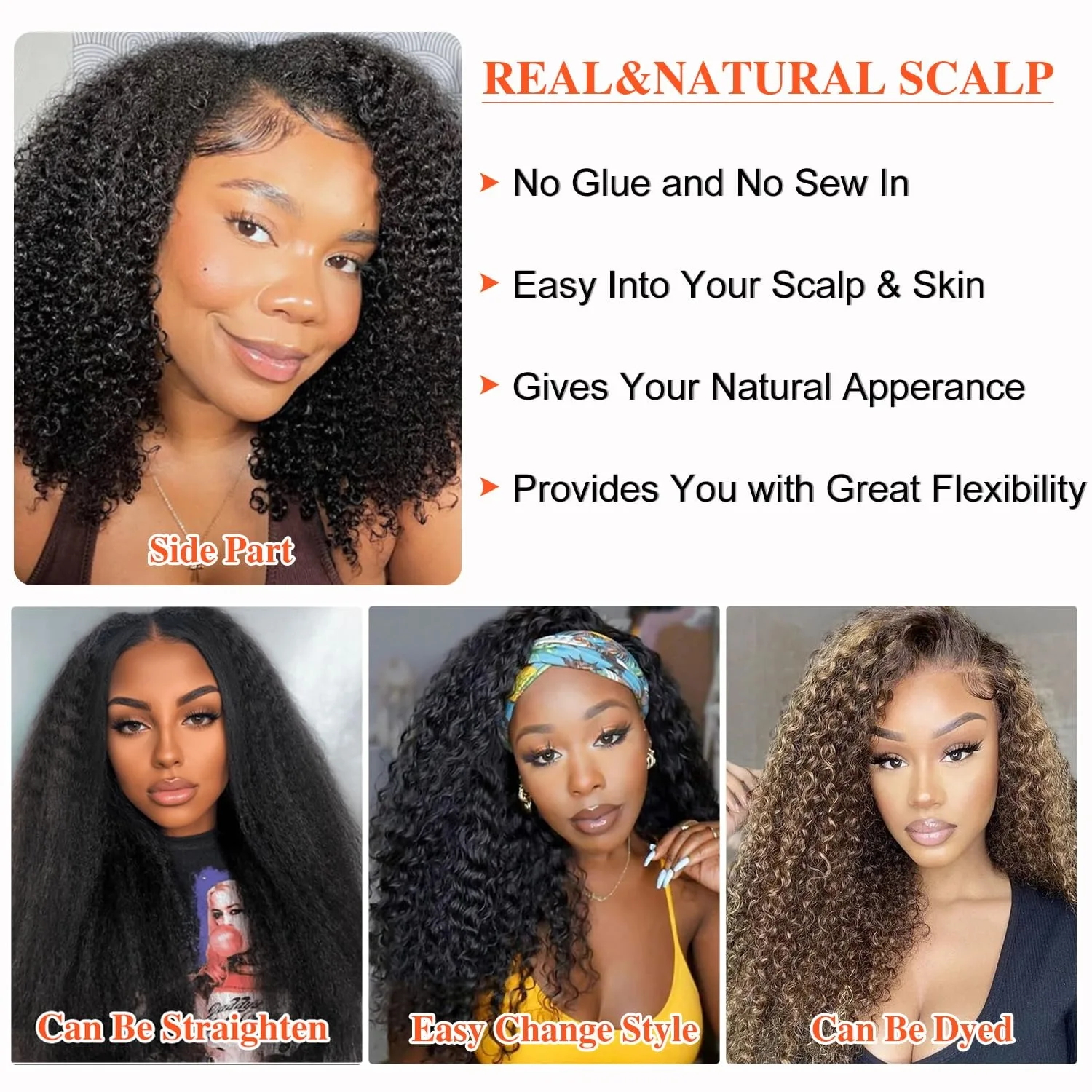 Curly V Part Wig Human Hair 100% Human Hair Wigs with Drawstring Glueless Clip For Black Women Natural Black