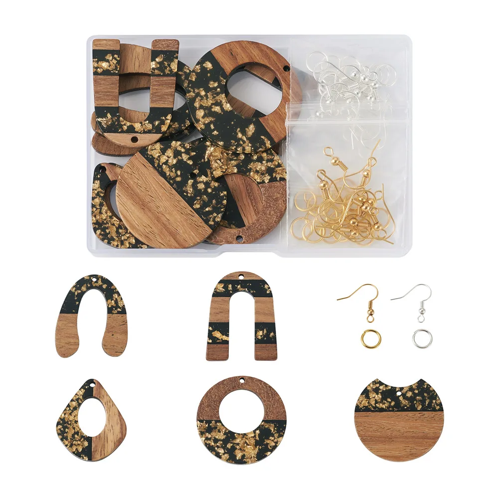 DIY Dangle Earring Making Kits Resin Waxed Walnut Wood Pendants Charms Brass Earring Hooks Jump Rings For DIY Jewelry Making