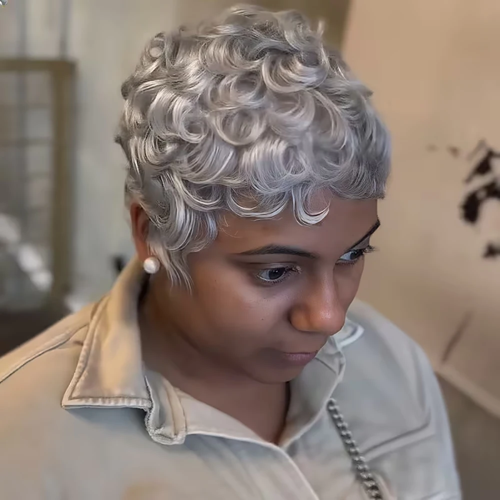 رمادي قصير عابث قطع الباروكات شعر الإنسان البيض مجعد الباروكات مع الانفجارات قبل قطعها للنساء البرازيلي شعر ريمي كامل آلة صنع قبعة