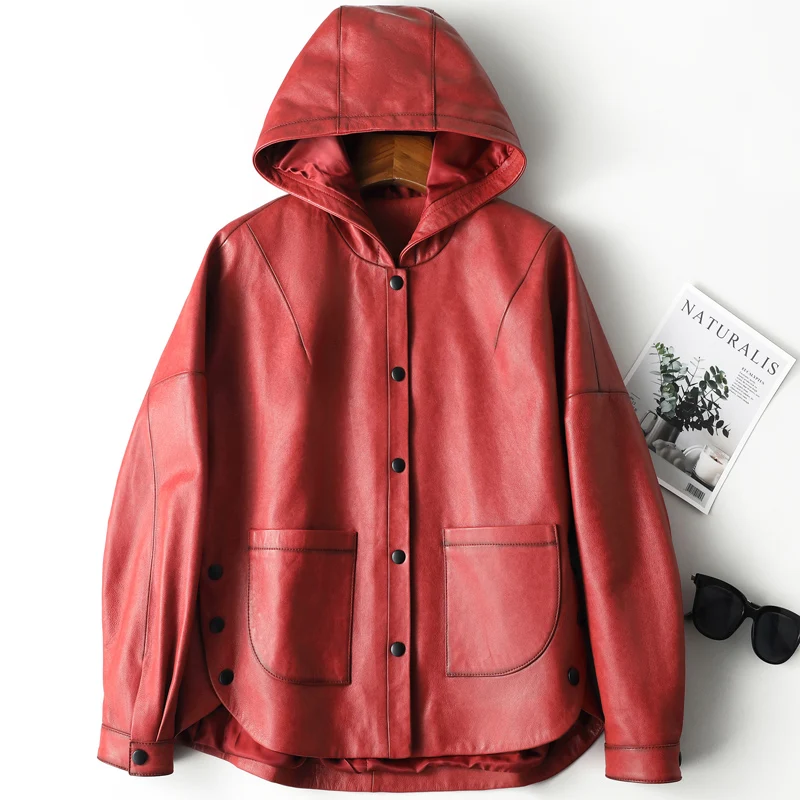 TAJIYANE 100 % genarbte Schaffelljacke Frau Kurze Echtlederjacken mit Kapuze Herbst Damenkleidung 2025 Chaquetas