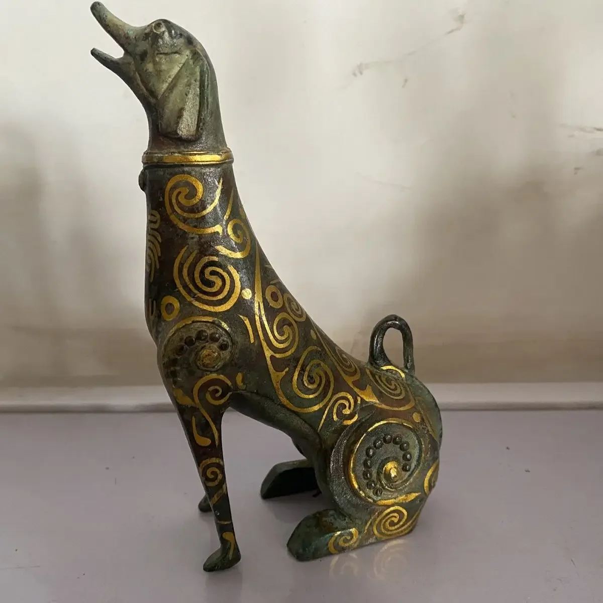 Temple Collection Old Bronze Gilded Cinnabar Flower Oracle bone script pattern Dog Statue Watch the Divine Beast