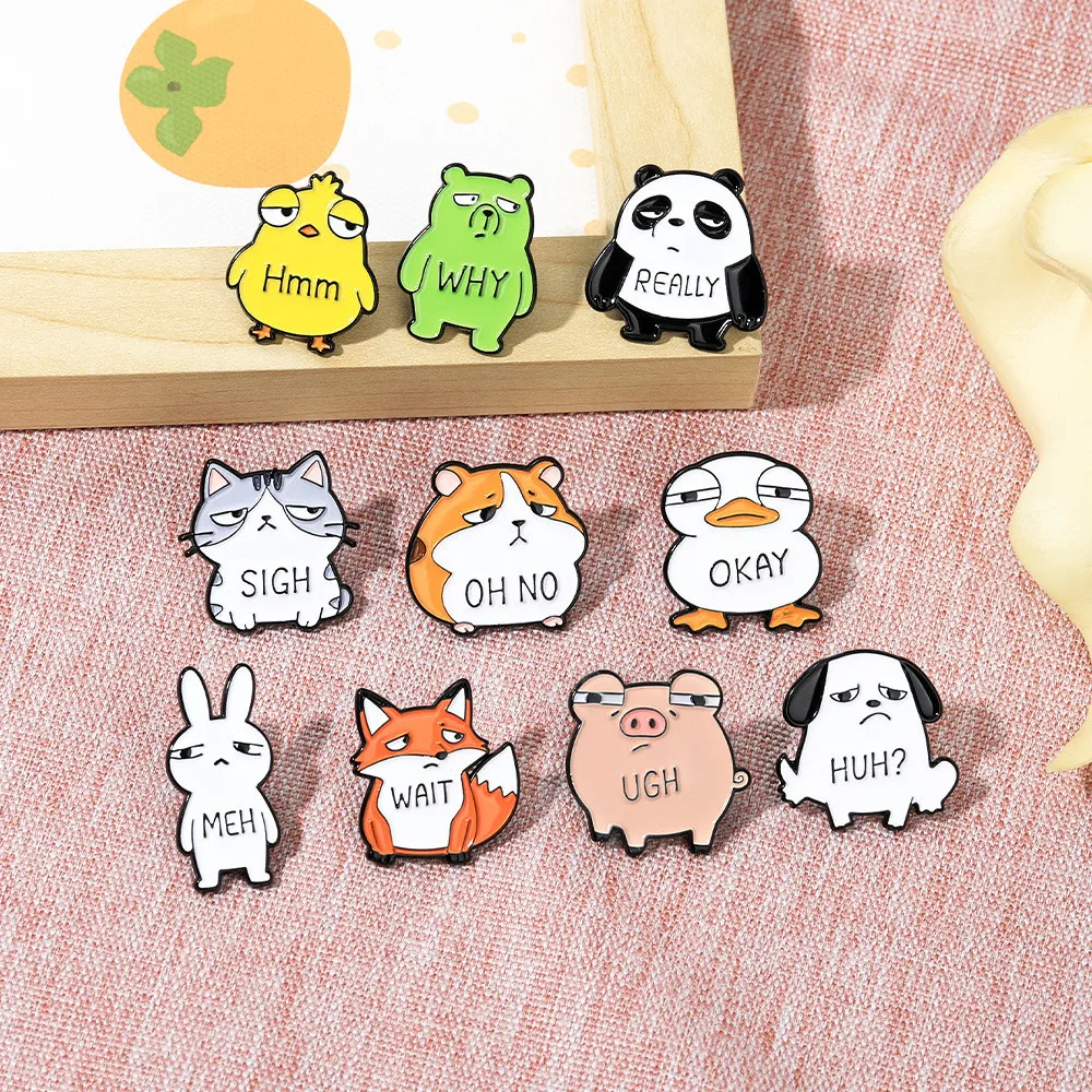 Cute Sarcastic Animal Enamel Brooch Funny Mood Expression Badge Cartoon Hamster Panda Fox Rabbit Pig Dog PinBackpack Lapel Decor