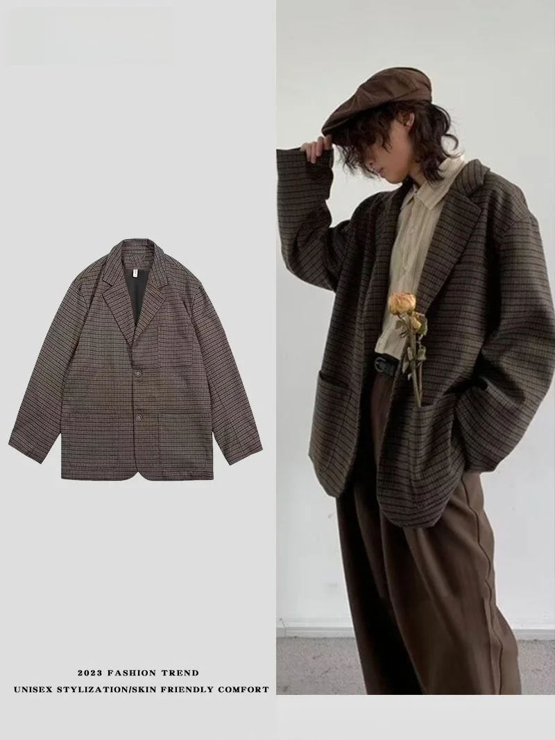 

Retro Thin Plaid Men's And Women's Casual Loose Jaet Autumn Winter Hong Kong Sle Small Suiting Coat Youth Vitali Sle