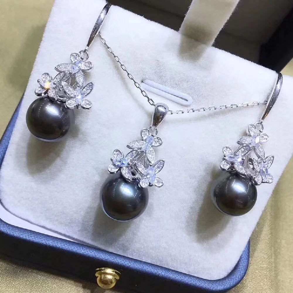 

Gorgeous Pearl Earrings Pendant 18inch AAAA10-11mm Natural Round Tahitian Round Pearl Earrings 925s