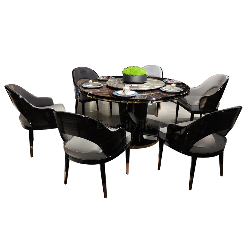 Italian-Style Light Luxury round Solid Wood Dining Table and Chair Assemblage Zone Turntable Household