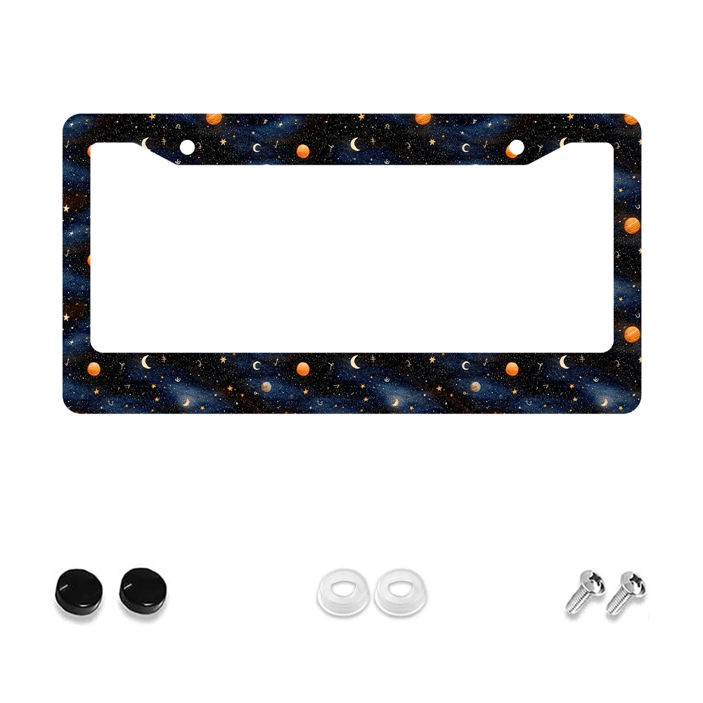 

1pc Retro Blue and Orange Space Planet Pattern 2 Hole License Plate Frame, Aluminum Material, 6x12 Inches, with Screw Set, Fun