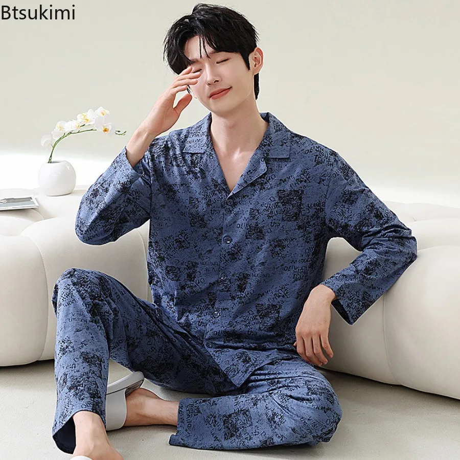 Conjuntos de pijamas de manga larga para hombre, ropa de dormir informal holgada de algodón puro con estampado de moda, conjuntos cómodos de dos piezas para el hogar, primavera y otoño