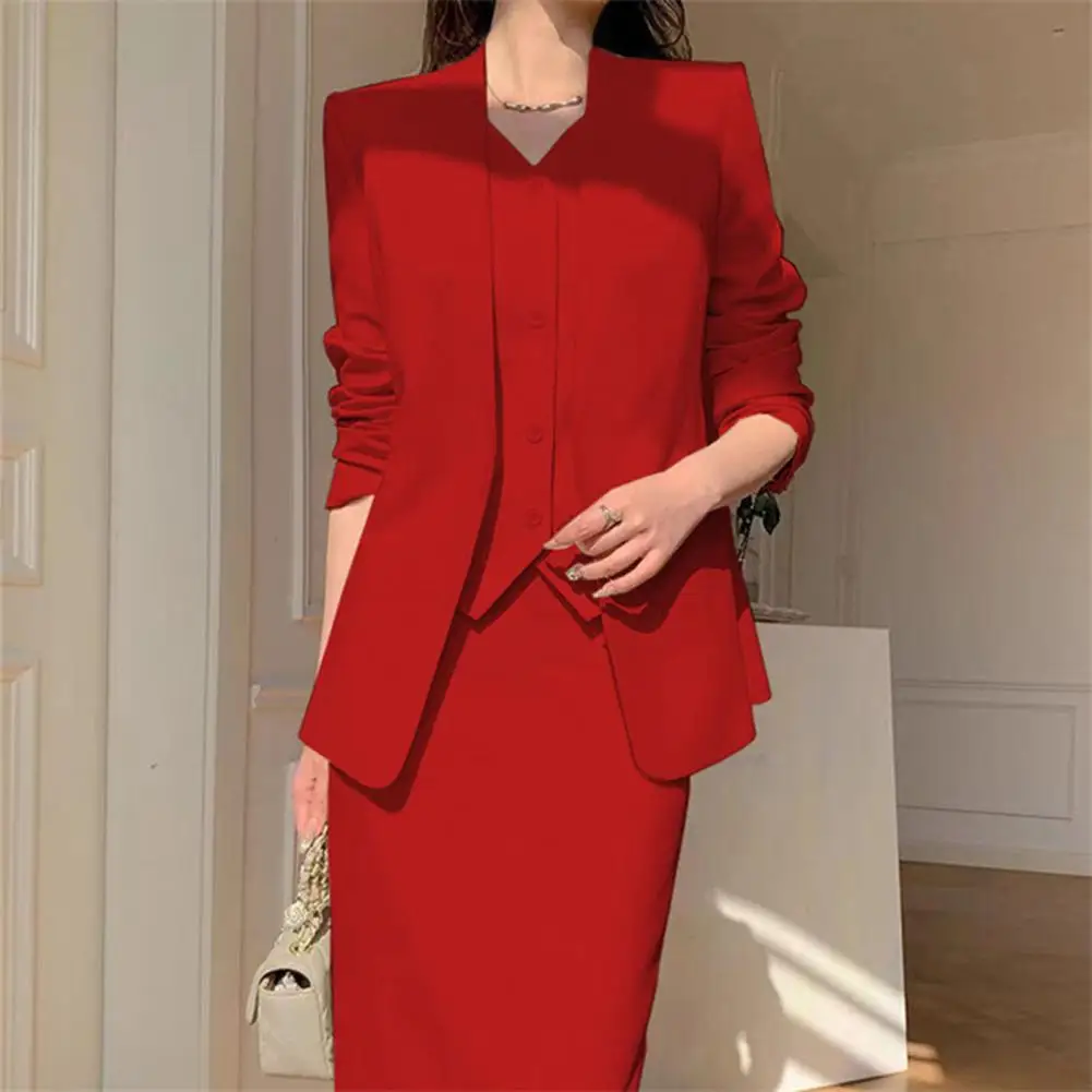 2 Pcs/Set Women Suit Coat Skirt Set Formal Business Style Long Sleeves Open Sticth Coat High Waist Slim Fit A-line Midi Skirt OL