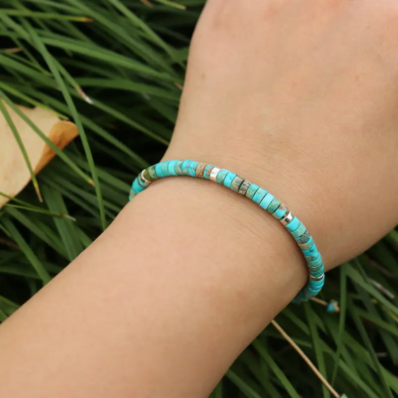 1PC Natural Blue Emperor Stone Beads Woven Bracelet Polished Block Shape Adjustable Rope Lady's Gift Bracelet Beaded Bracelet - view 2
