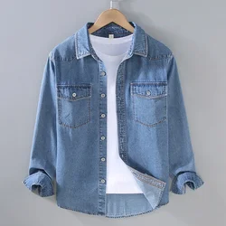 Korean Fashion Long Sleeve Denim Shirt Men Spring and Autumn Street Casual Vintage Shirt Lapel Pockets Blue Jean Shirts Youth