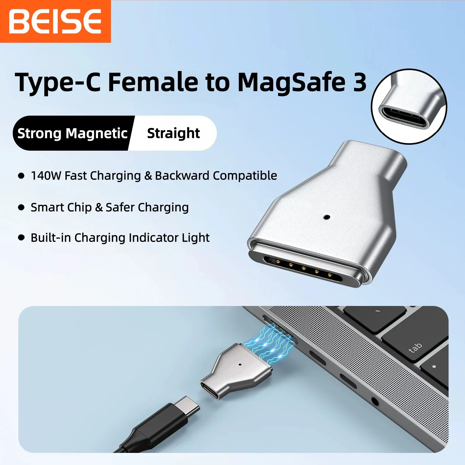 140W USB-C Female to MagSafe 3 Adapter Magnetic PD Fast Charging Converter for MacBook Pro Air M1 M2 M3 M4 A2442 A2485 A2681