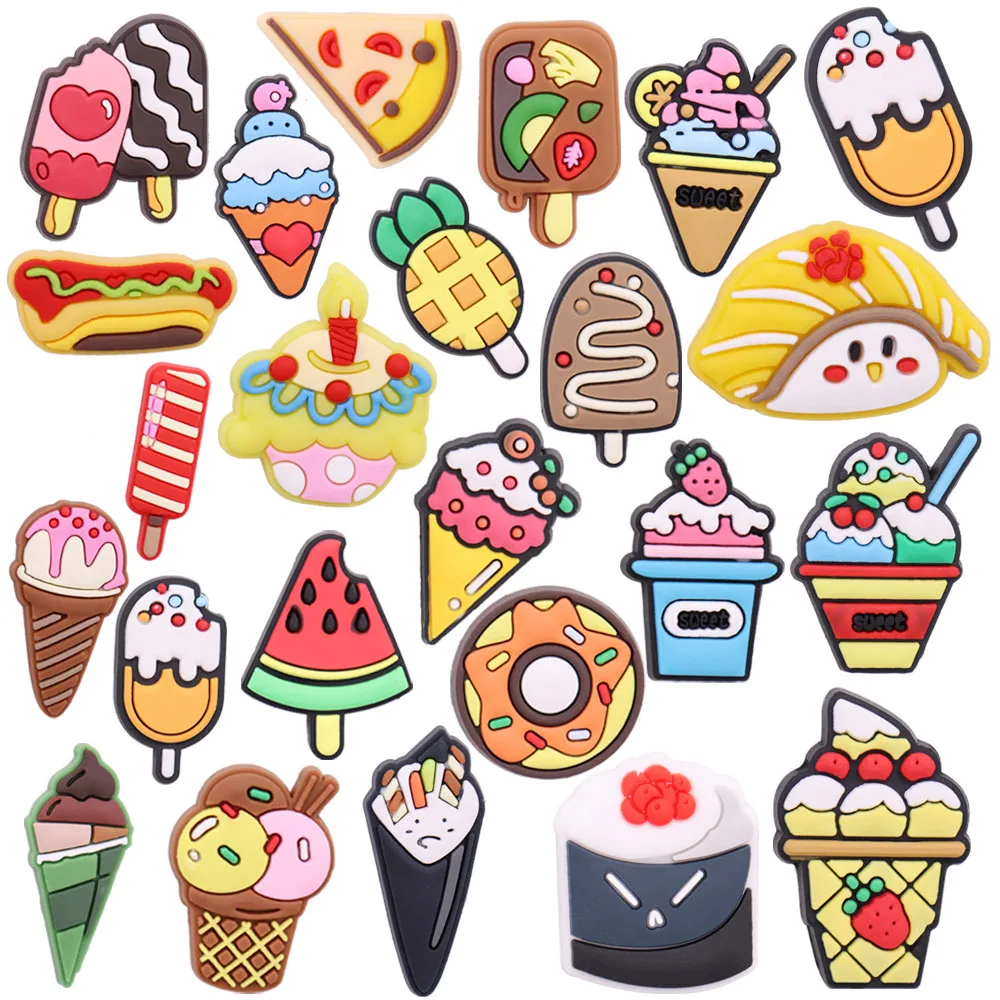 1Pcs Shoe Charms Fruit Cake Dessert Donut Sushi Hamburger Ice Cream PVC Garden Shoes Decorations DIY Wristbands Children Present