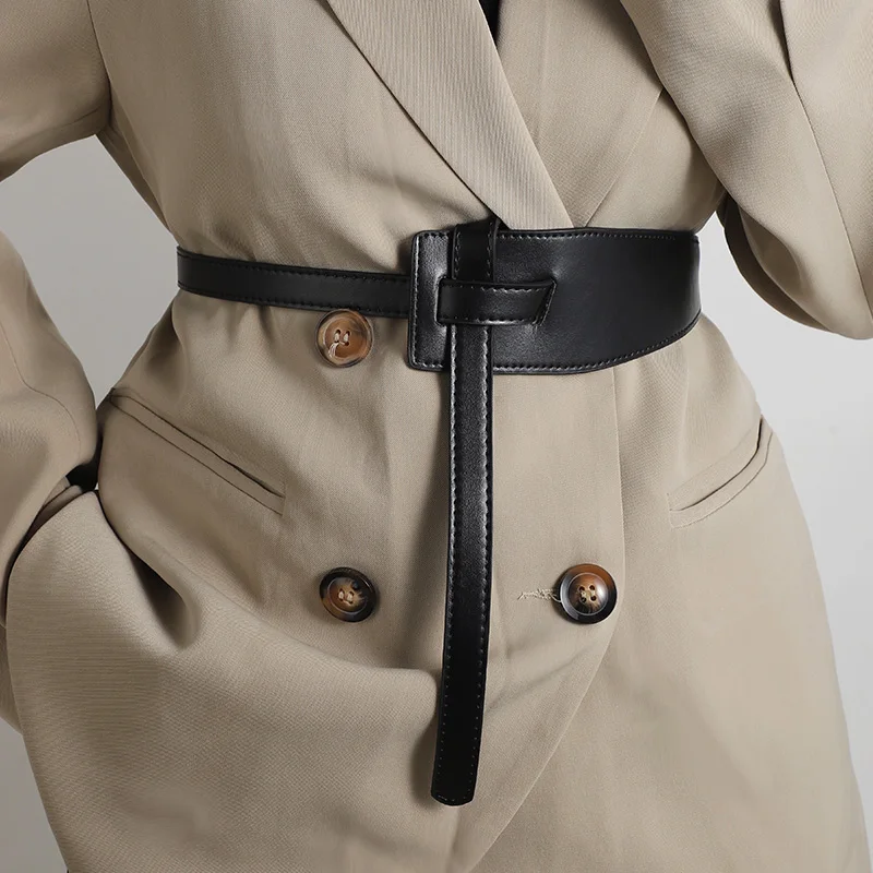 Women's Summer High-End Decorative Dress with Belt - Black Unisex Multi-Purpose Detachable Two-in-One Wide Leather Belt