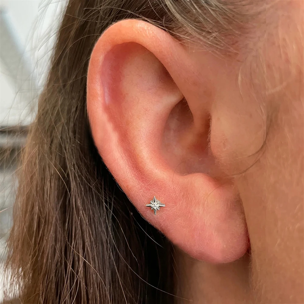 

MLING 1PC Eight-pointed Star Heart Flat Back 925 Sterling Silver Spiral Piercing Earring Wimen Classic Simple Earring Jewelry