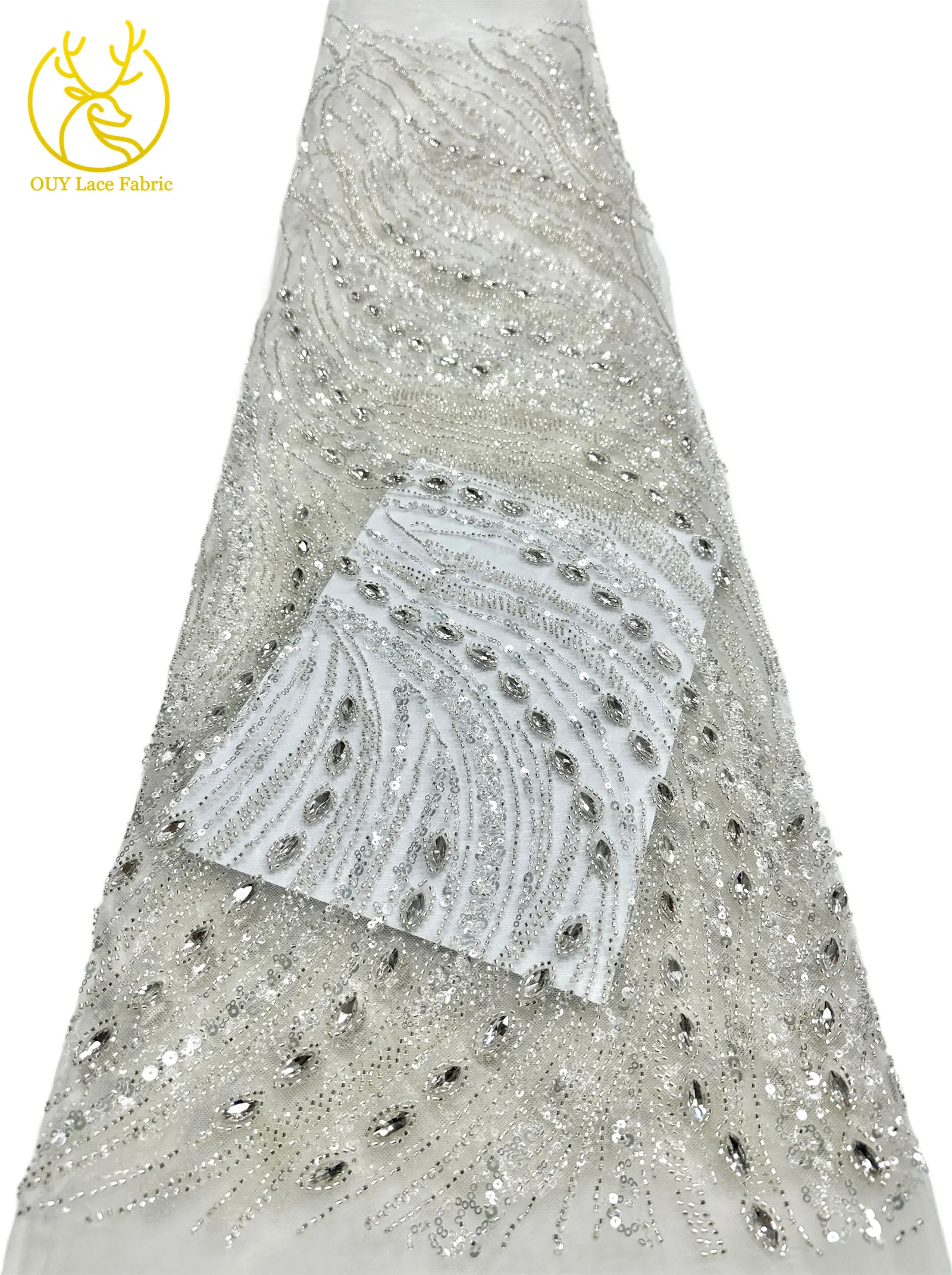 Marineblauer, hochwertiger, luxuriöser, österreichischer Diamant-Perlen-Spitzenstoff im neuen Stil 2026, afrikanischer Pailletten-Spitzenstoff für Brautkleider und Hochzeitsfeiern. – Detail 14