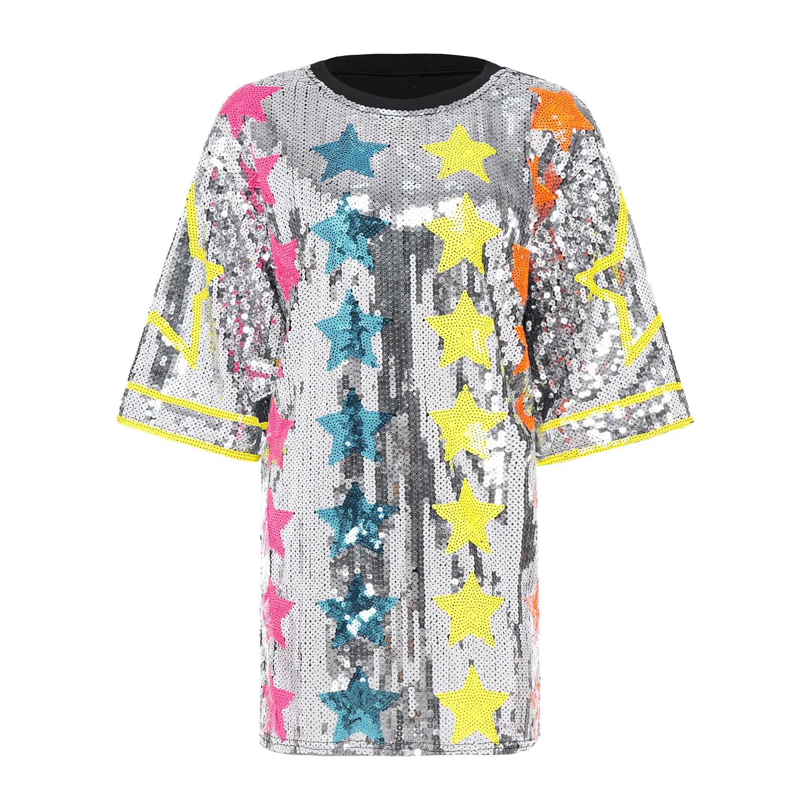 Women Hip Hop Jazz Dance Performance Costume Shiny Sequin Star Pattern T-shirt Dress Oversized Tee Festival Party Club Clothes