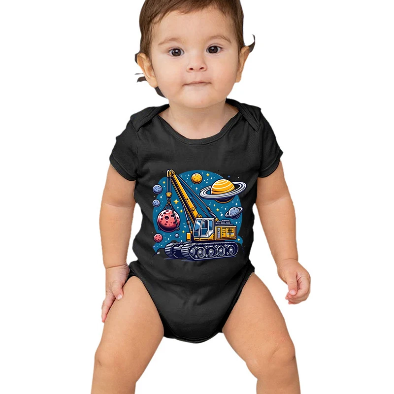 Planet Excavator Print Bodysuit Baby Cotton Short Sleeve Newborn Romper Cartoon Style Excavator Baby Boy Girl Clothes Jumpsuits