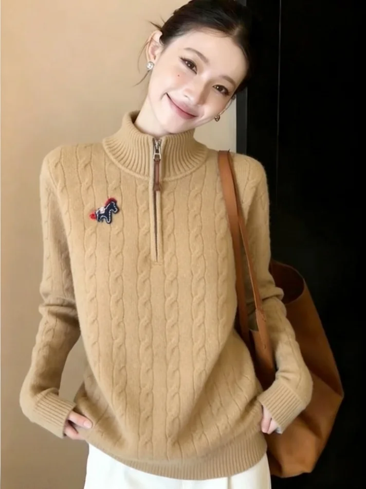 

Spring Autumn 2026 New High Collar f Zip Knitted Sweater Women Simple Sle Slim Fit Loose High End Feeling Twist Yarn
