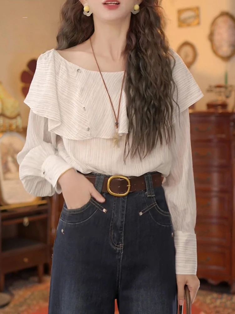 

Spring Autumn 2026 Hong Kong Sle Retro Striped Long Sve Ladies irt Luxury Youthful Faionable Casual Straight Cut irt