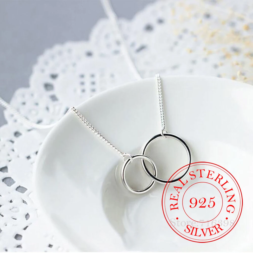 925 Sterling Silver Double Circle Interlock Clavicle Short Necklace silver 925 Jewelry For Women collares para mujer plata 925