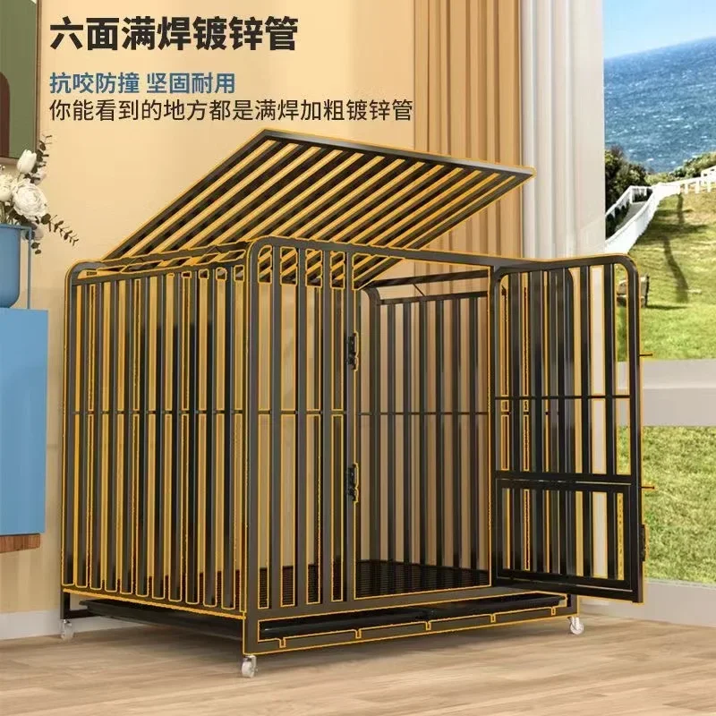 Full square tube galvanized dog cage indoor with toilet medium and large dog household free moving bold cage golden