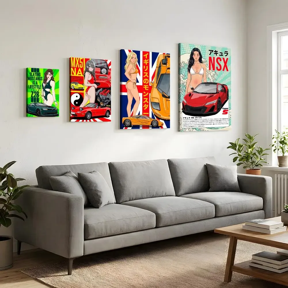 Vintage JDM Pinup Art Framed Wall Painting HD Canvas Wall Art Print | Optional Frame | Modern Hallway Home Wall Decor