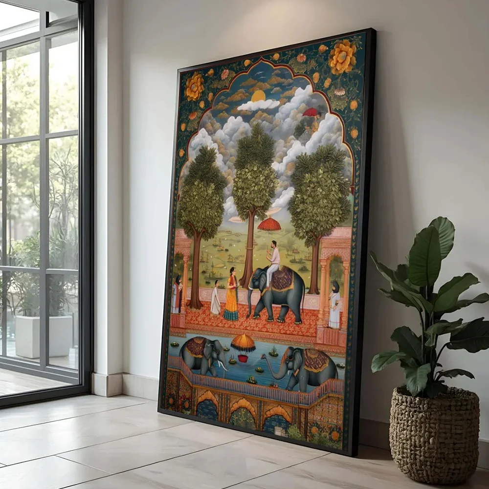 Mughal Wall Art Vintage Indian Traditional Art Poster Print Palatial Garden Scene And Elephant Procession Canvas Painting Decor