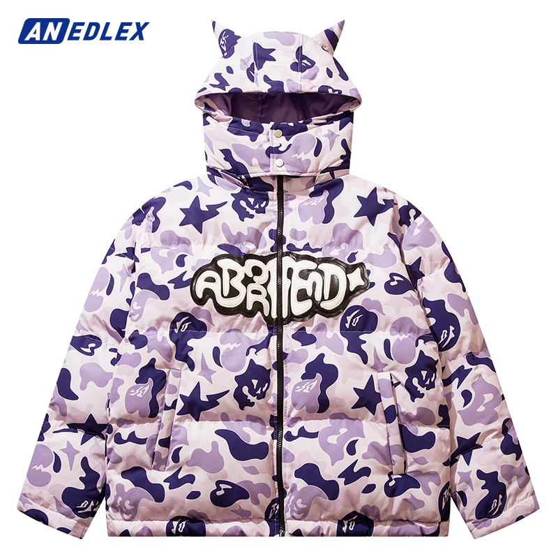 2022 Men Parka Jacket Hip Hop Streetwear Little Devil Designer Hood Padded Jacket Coat Harajuku Winter Cotton Thick Warm Outwear