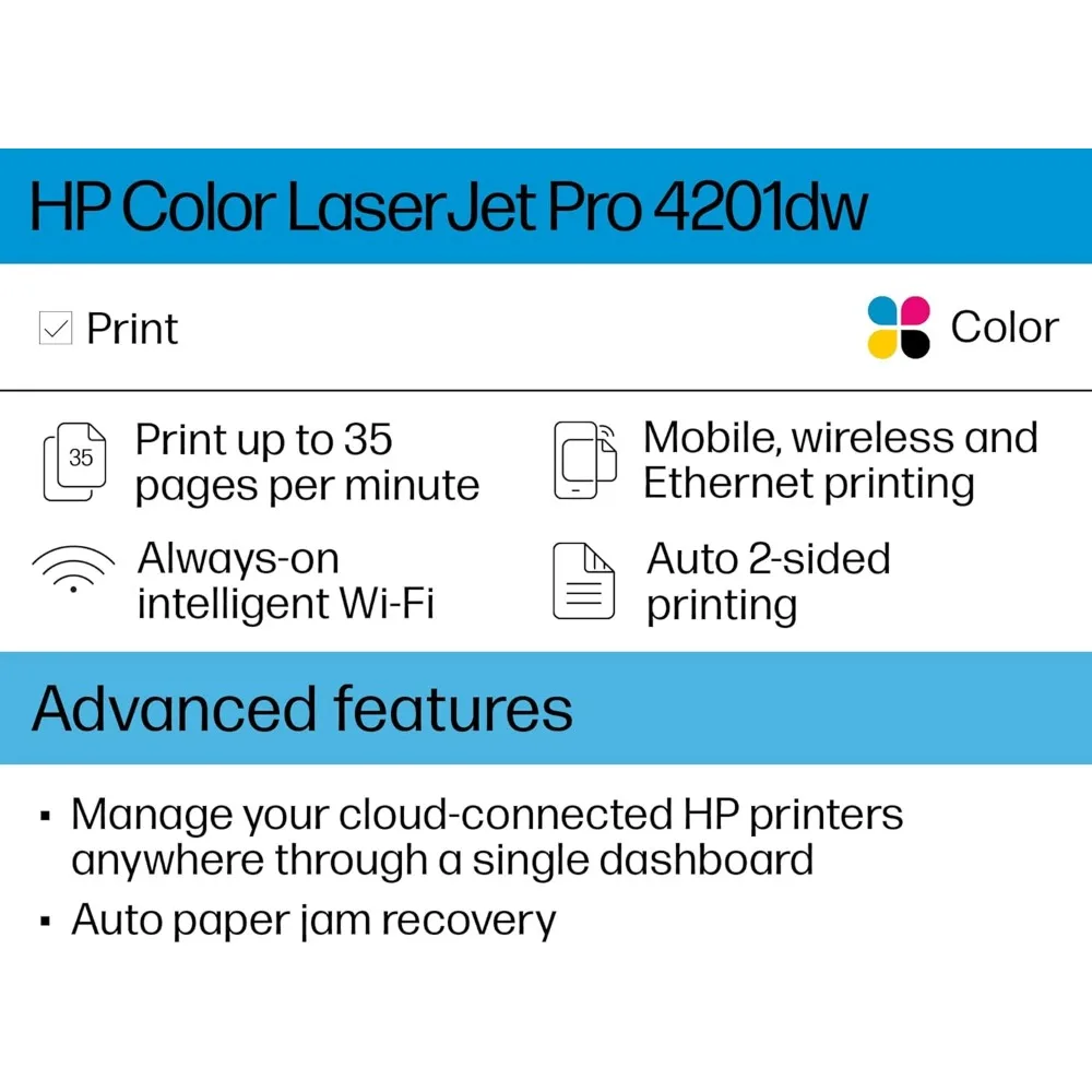 Imprimante sans fil LaserJet Pro 4201dw, impression mobile, vitesse rapide, configuration facile, sécurité avancée, document