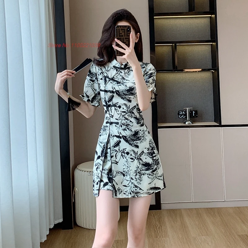 2025 chinese nightclub dress improved cheongsam national flower print qipao dress+shorts set hotel spa work dress beauty uniform