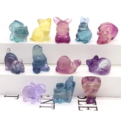 Natural Fluorite Crystals Mini Cartoon Animal Statue Reiki Healing Stones Carved GemStone Crafts Home Decoration Ornament Gifts