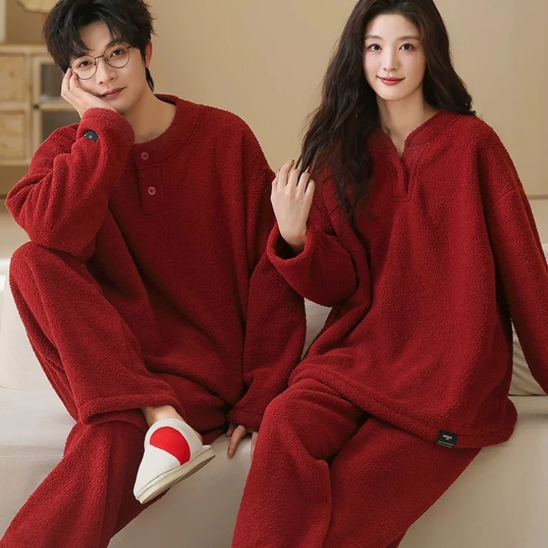Couples Flannel Nightwear Pullover Winter Warm Loungewear Red Color New Year Sleepwear Women and Men Matching Homewear Mujer