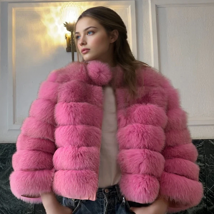 

Розовая шуба из лисьего меха с воротником Укороченная шуба Куртка на молнии из натурального лисьего меха Самая продаваемая женская короткая куртка из натурального меха