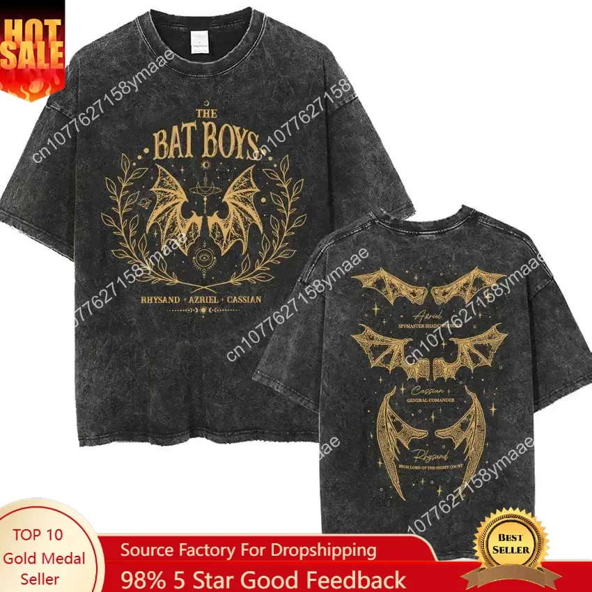 

Bats men and women night court retro wash vintage loose T-shirt fashion trend gothic short-sleeve street clothing t shirt
