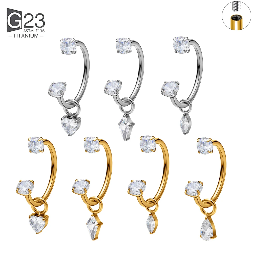 ASTM F136 Titanium Internally Thread C Shape Septum Ring  Multi Shapes Zircon Pendant Cartilage Ear Nose Body Piercing Jewelry
