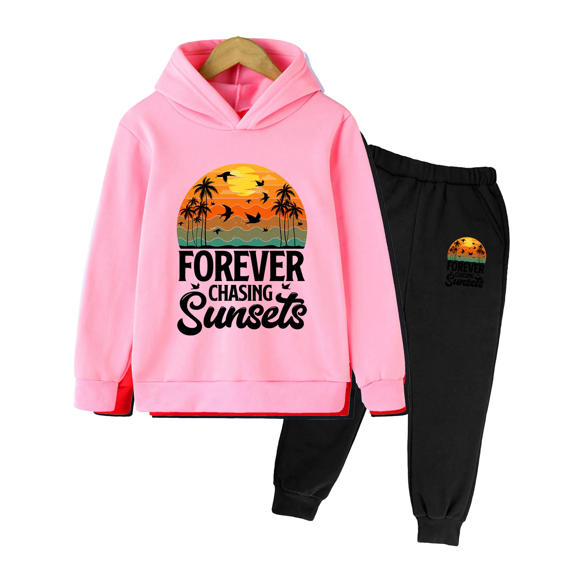 Kids Hoodie & Sweatpants Set, FOREVER CHASING SUNSETS Tropical Print, Casual Beach Outdoor Outfit for Boys Girls